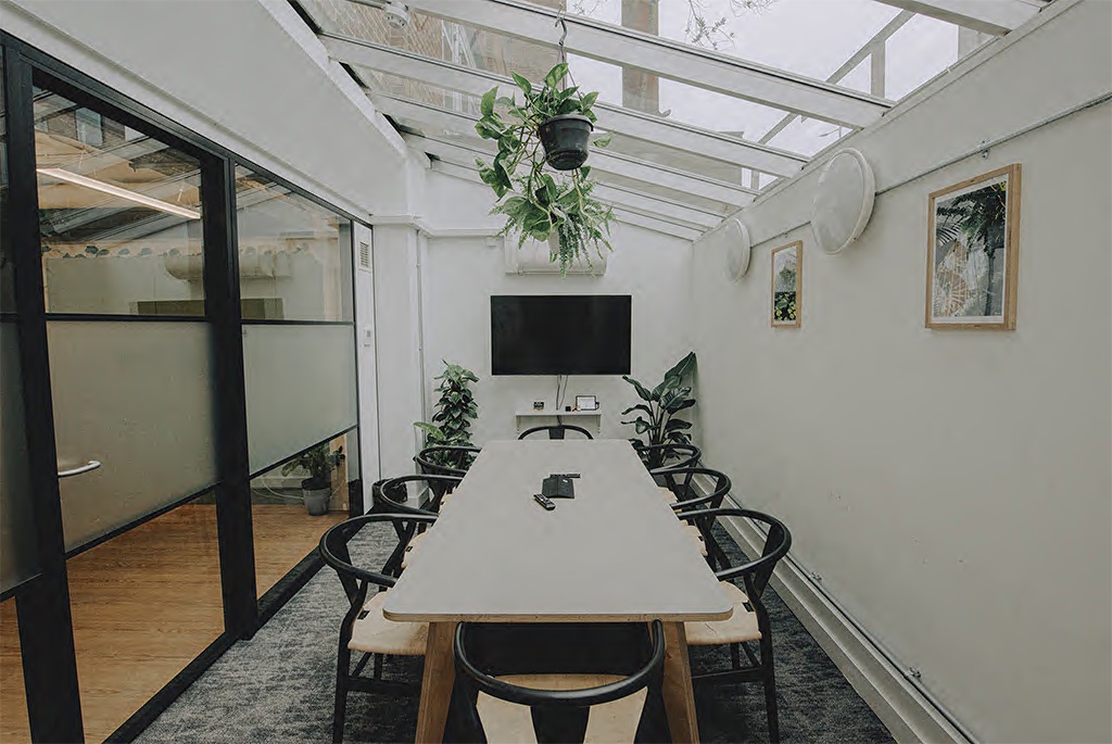 A sunlit meeting room with plants and a screen